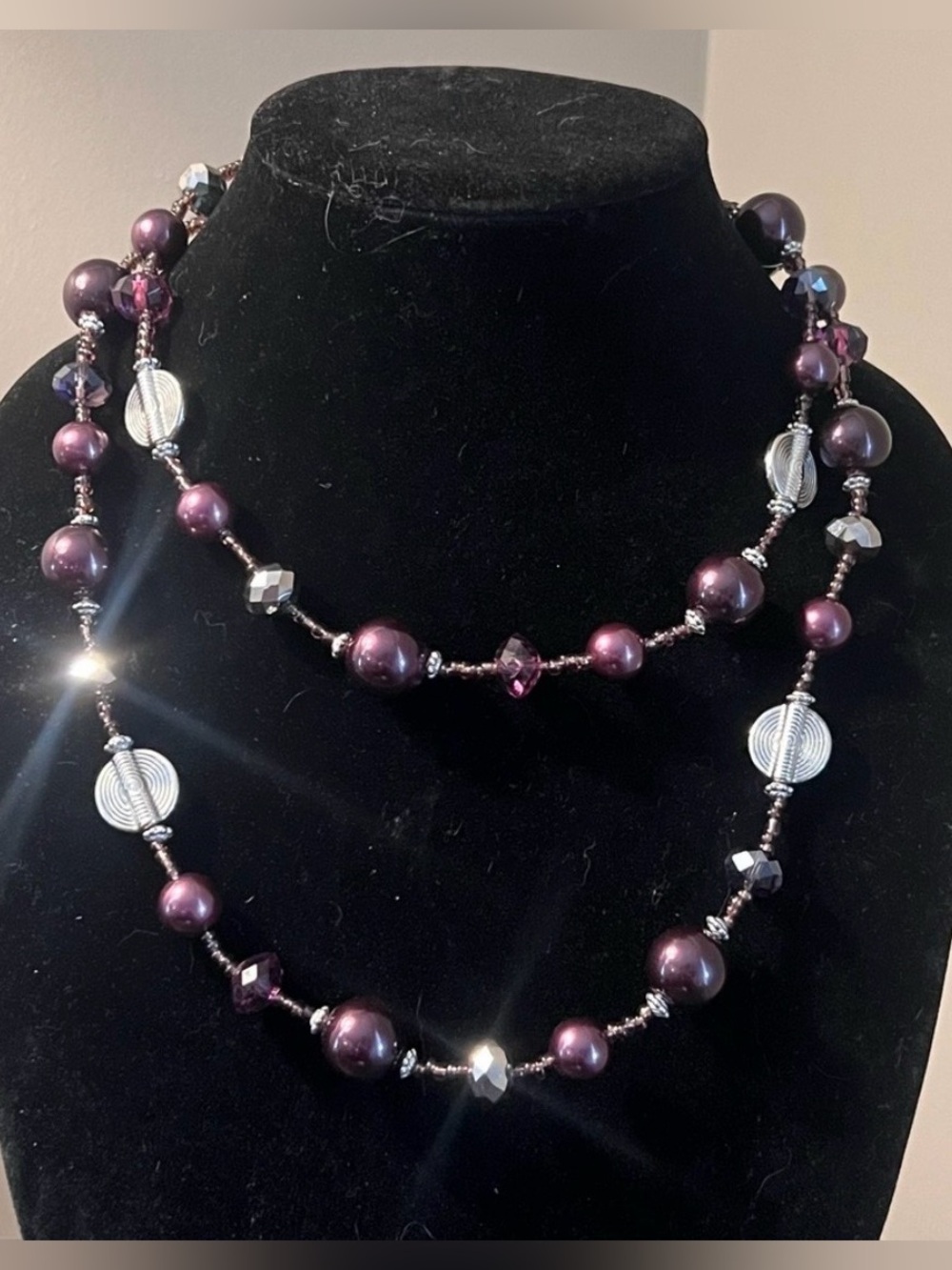 Purple Silver Beaded Long Statement Necklace Layering Boho Costume Jewelry